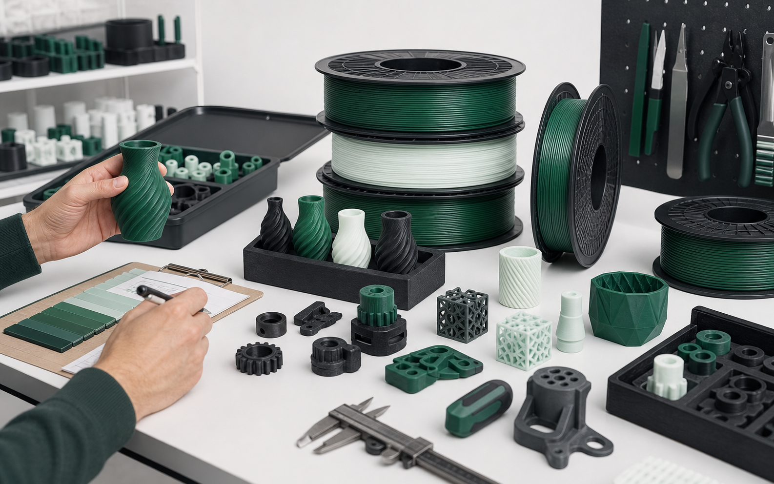 Distribution team reviewing a focused filament assortment and representative printed samples