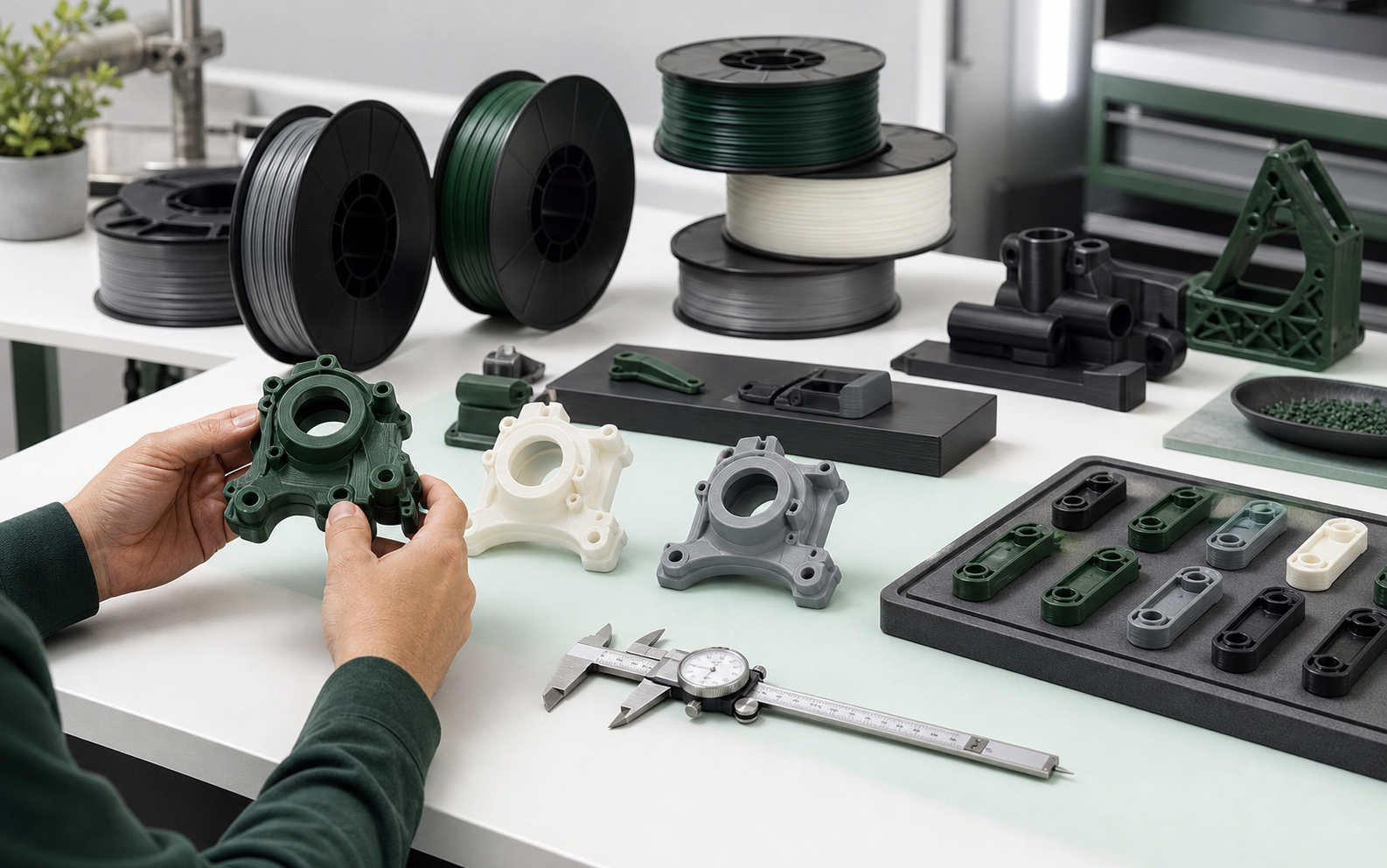 Quality technician reviewing filament measurements, printed samples, and release records