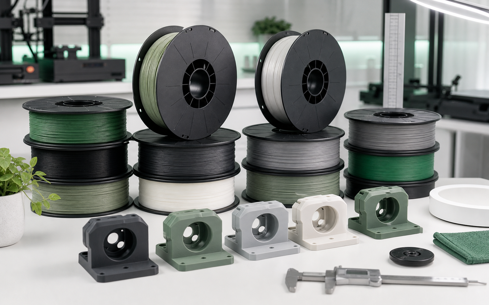 Print-farm operator beside multiple printers, filament spools, and a completed batch of parts