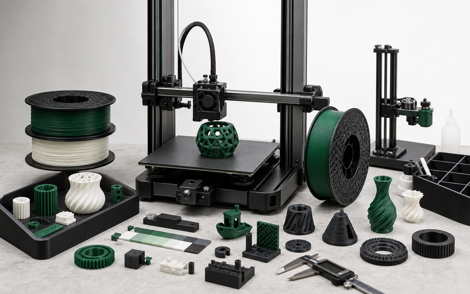 Printer qualification scene with filament, printed parts, and starting parameter notes