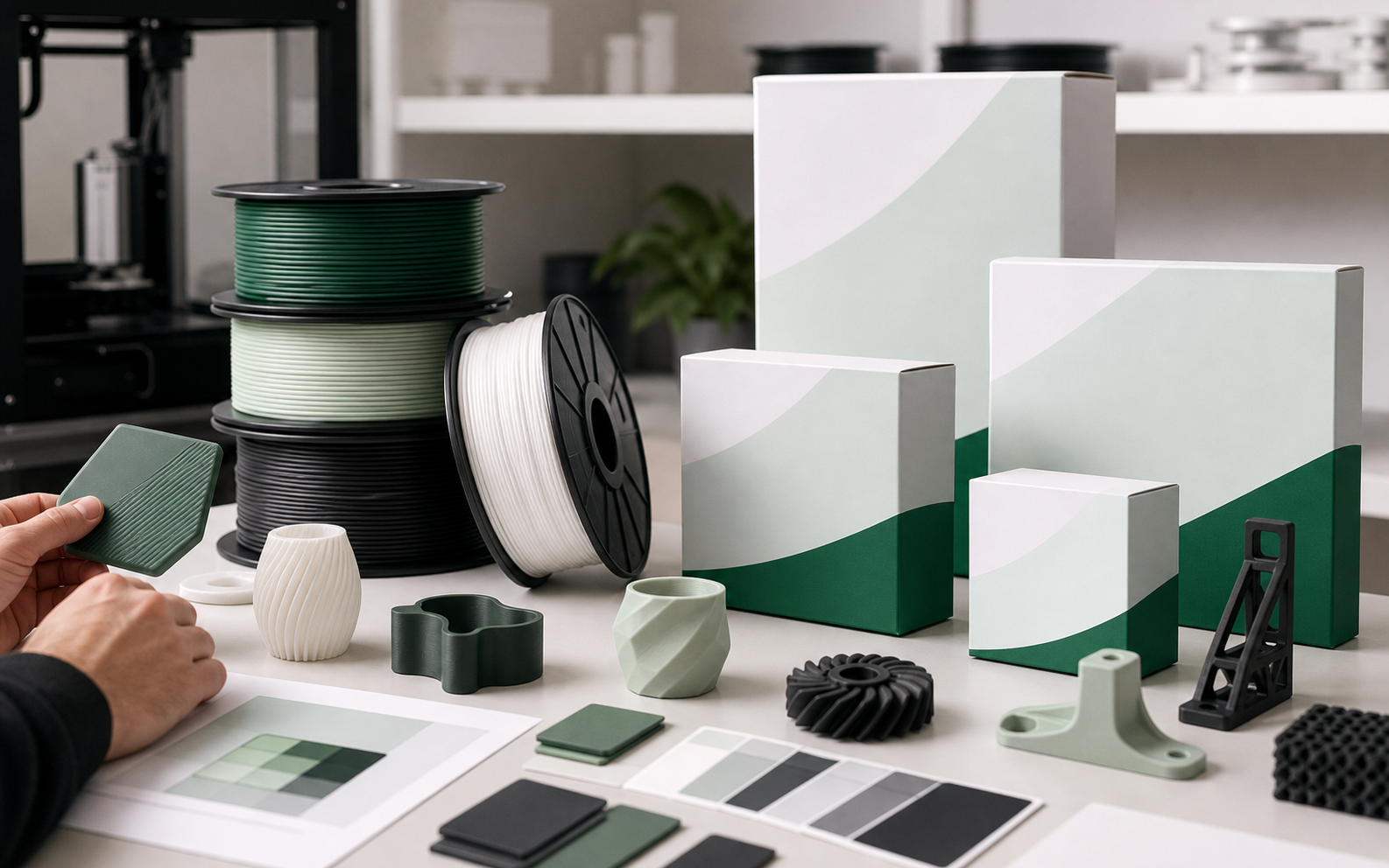Private-label planning scene with filament spools, printed samples, and multiple unbranded packaging directions