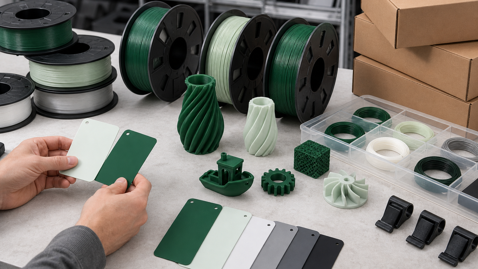 Distribution team reviewing a focused filament assortment and representative printed samples