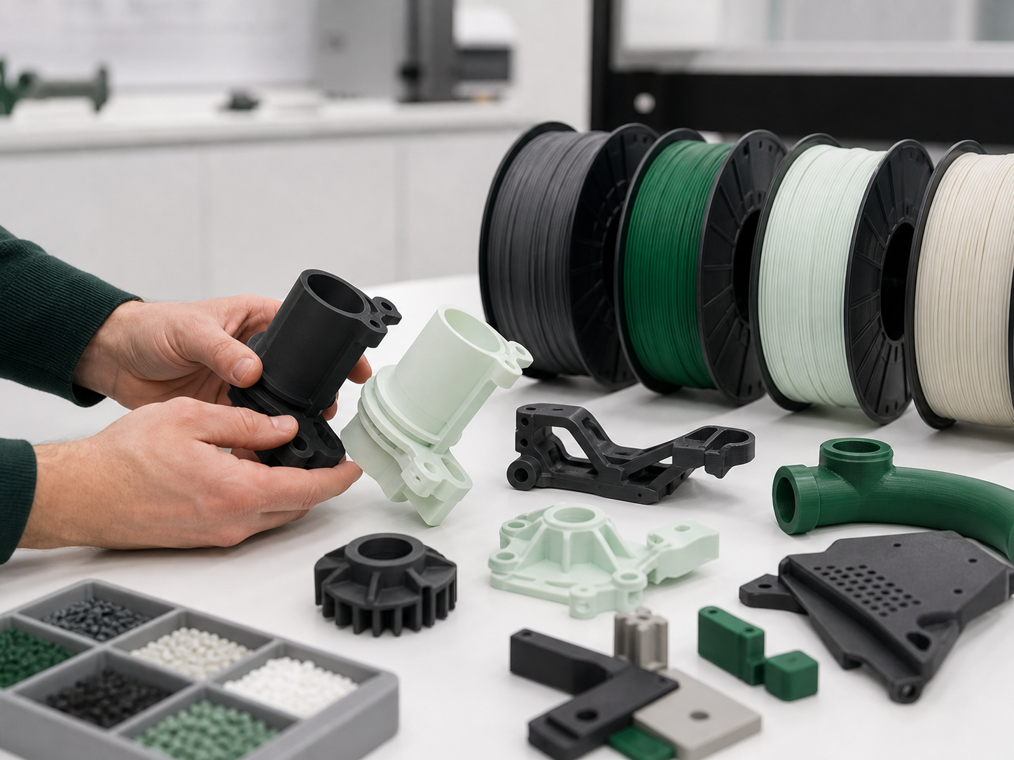 Quality technician reviewing filament measurements, printed samples, and release records
