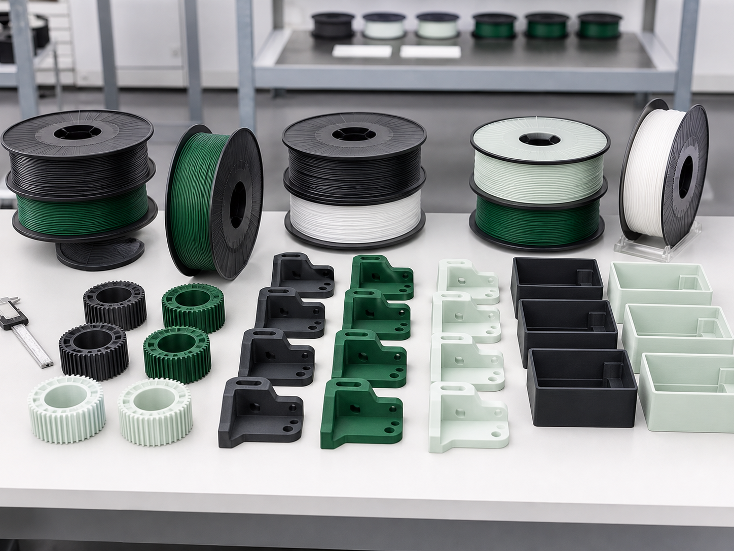 Print-farm operator beside multiple printers, filament spools, and a completed batch of parts