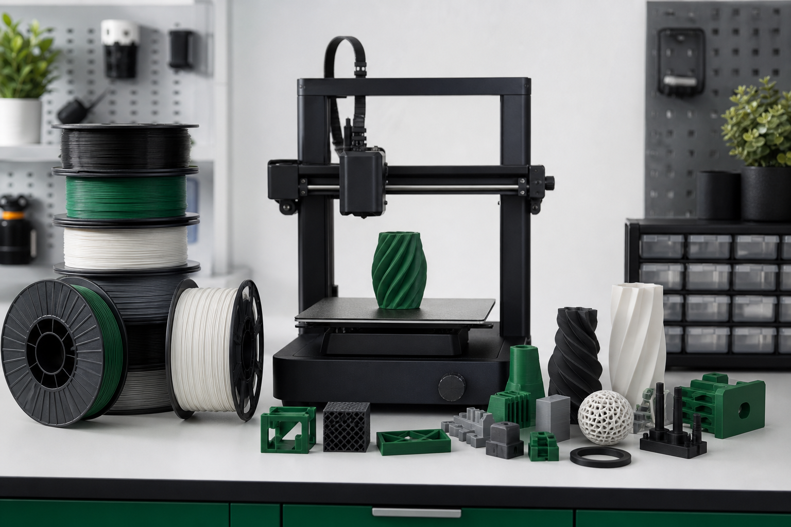 Printer qualification scene with filament, printed parts, and starting parameter notes