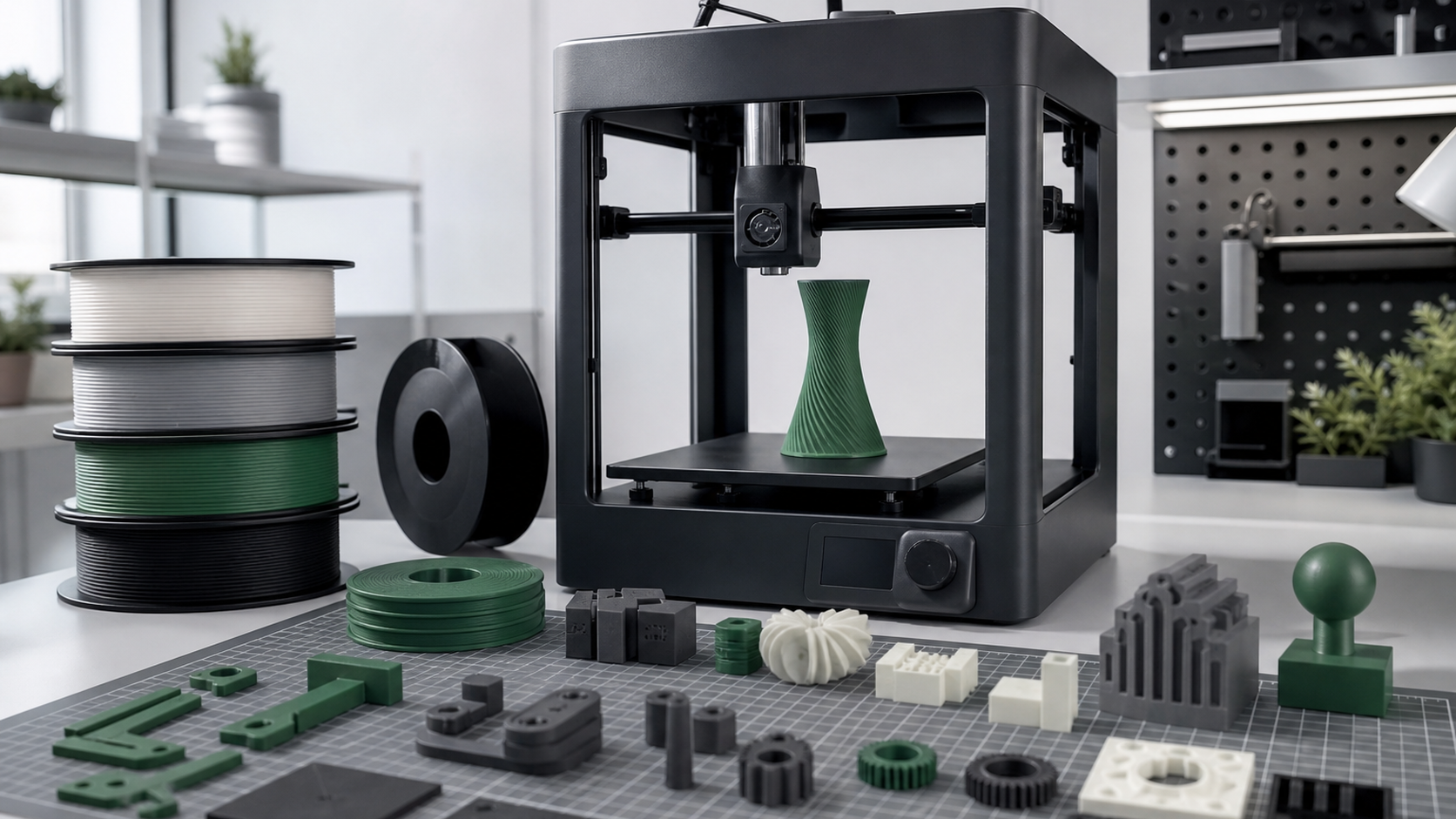 Printer qualification scene with filament, printed parts, and starting parameter notes