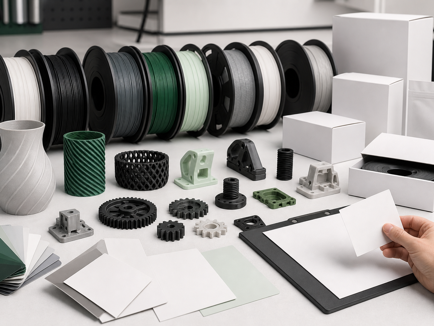 Private-label planning scene with filament spools, printed samples, and multiple unbranded packaging directions