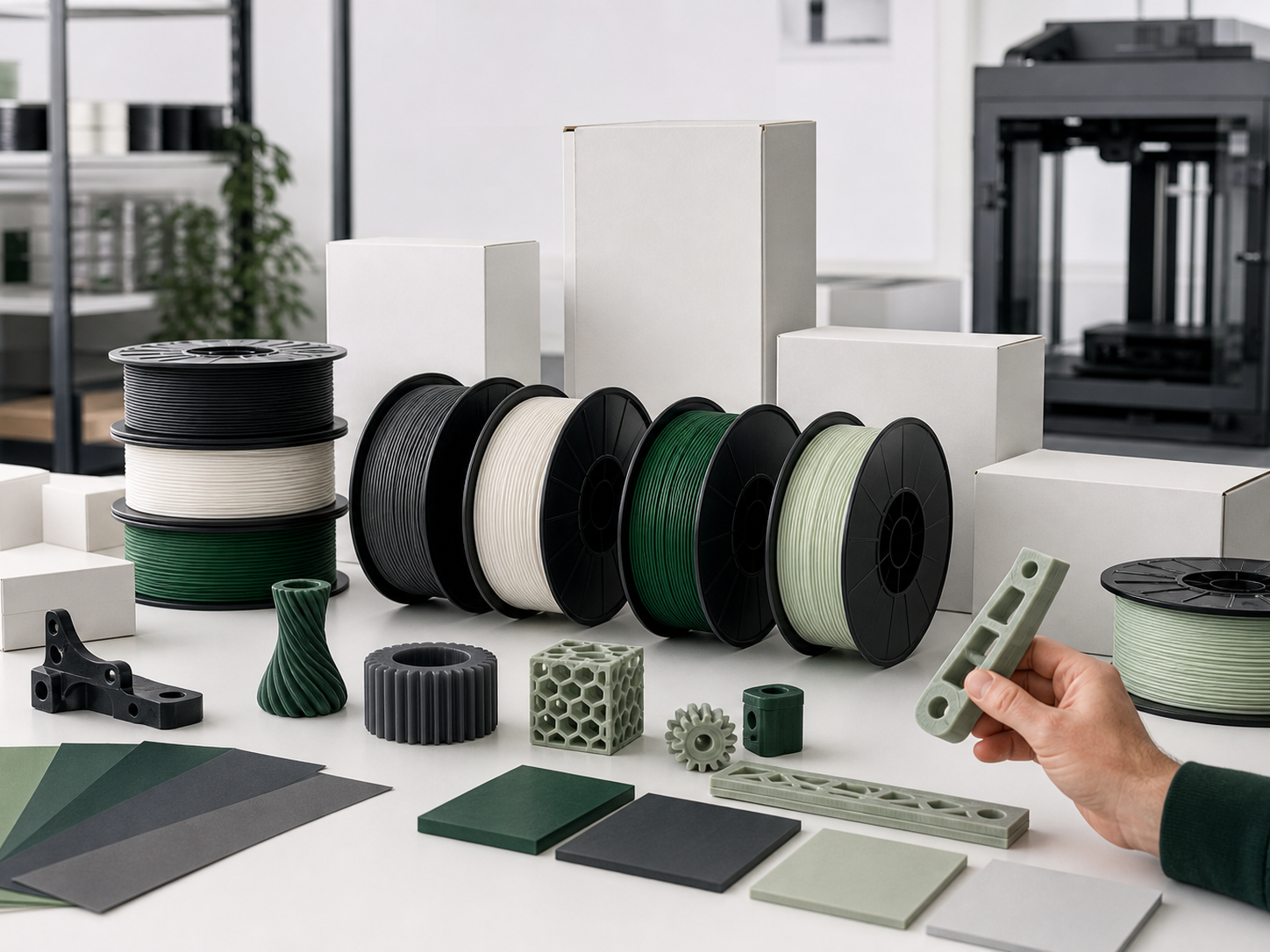 Private-label planning scene with filament spools, printed samples, and multiple unbranded packaging directions