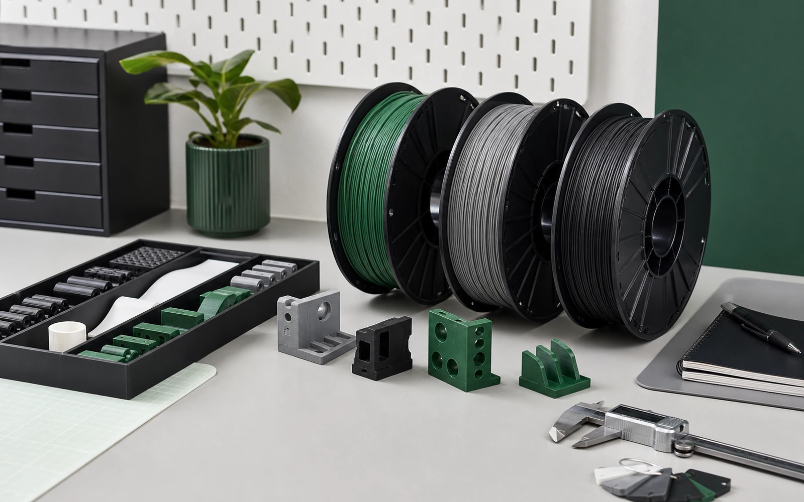 Quality technician measures white filament beside a spool, printed test pieces, packing sample, and inspection record