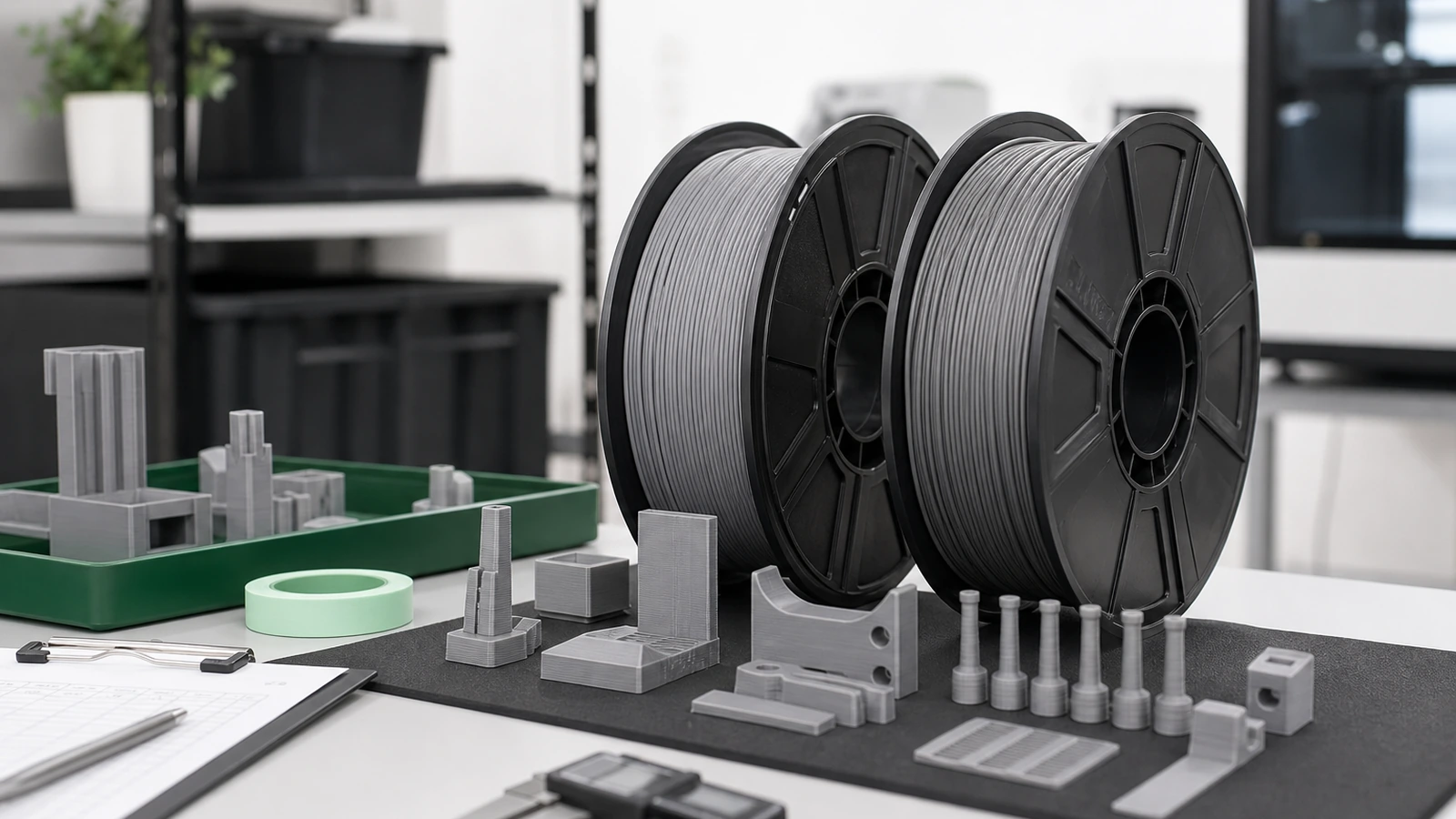 Filament spool labels, retained samples, and a release-record checklist arranged for review