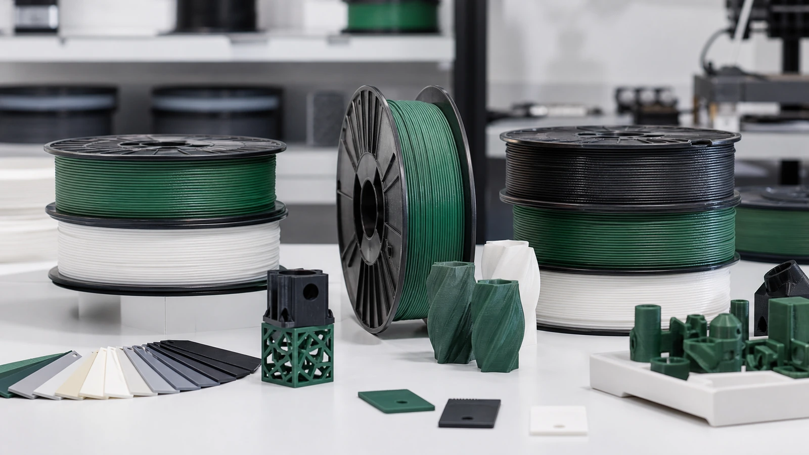 Filament sample labels, spool references, and printed comparison parts organized around one configuration record