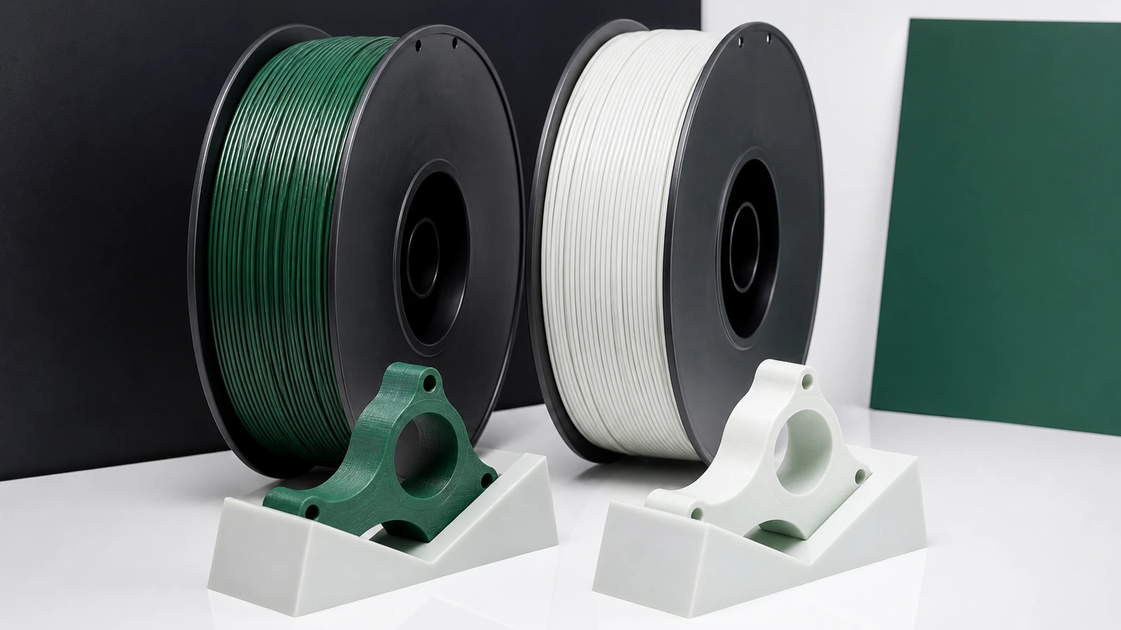 Representative printed parts beside a filament sample and a printer-process note for a qualification review