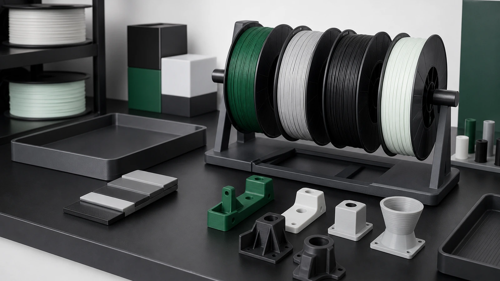 Two filament spools, printed samples, caliper, labels, and a packed filament reference for bulk-buying review
