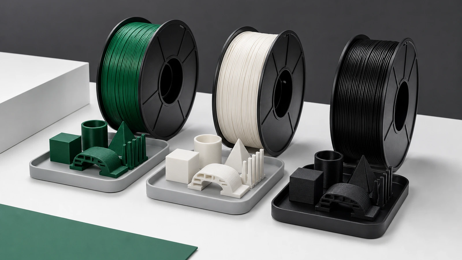 Three filament spools, printed reference parts, color swatches, spool cover, and blank supplier-review clipboard