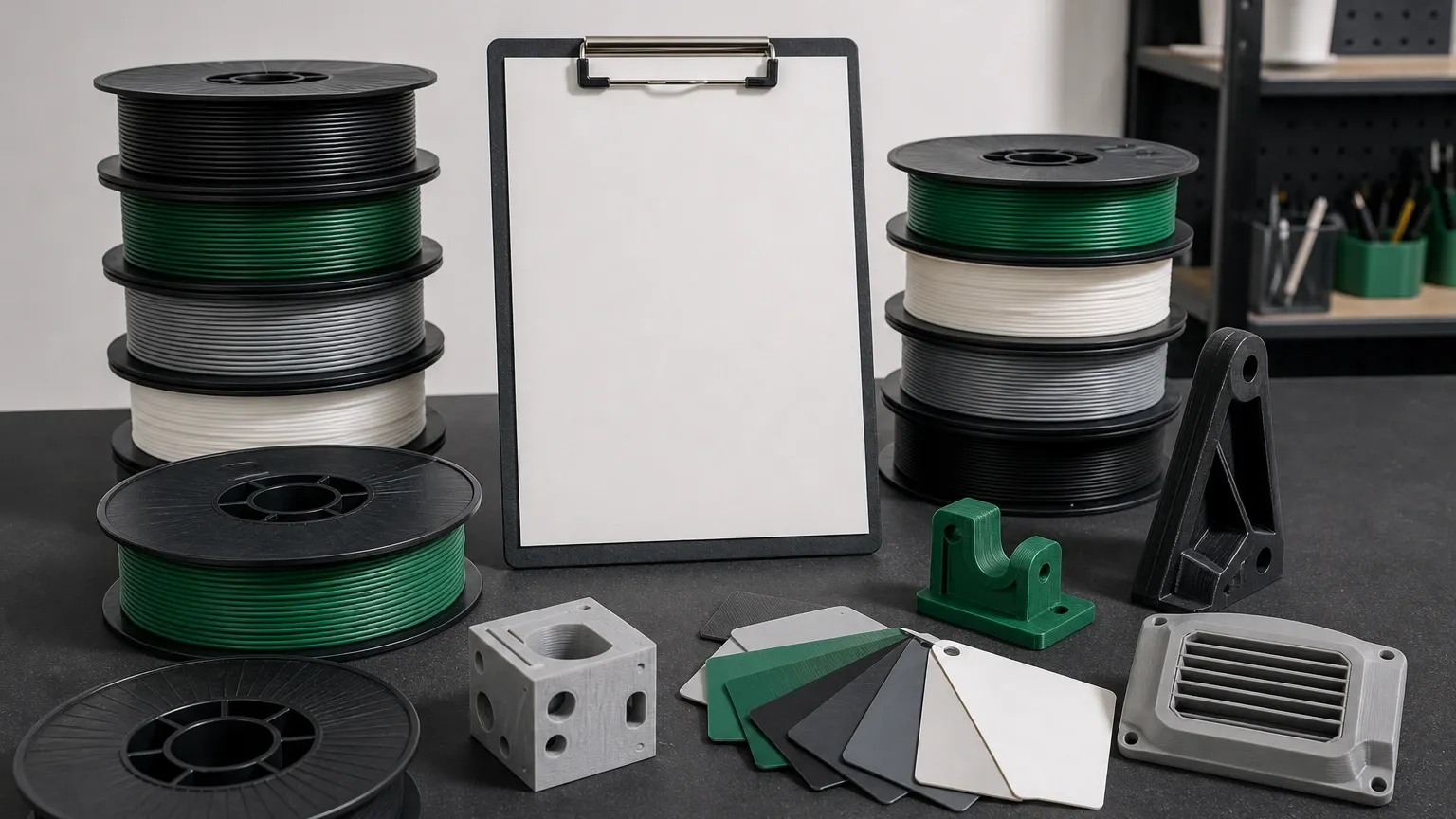 Private-label checklist beside distinct unbranded filament packaging directions, color chips, spools, and printed samples