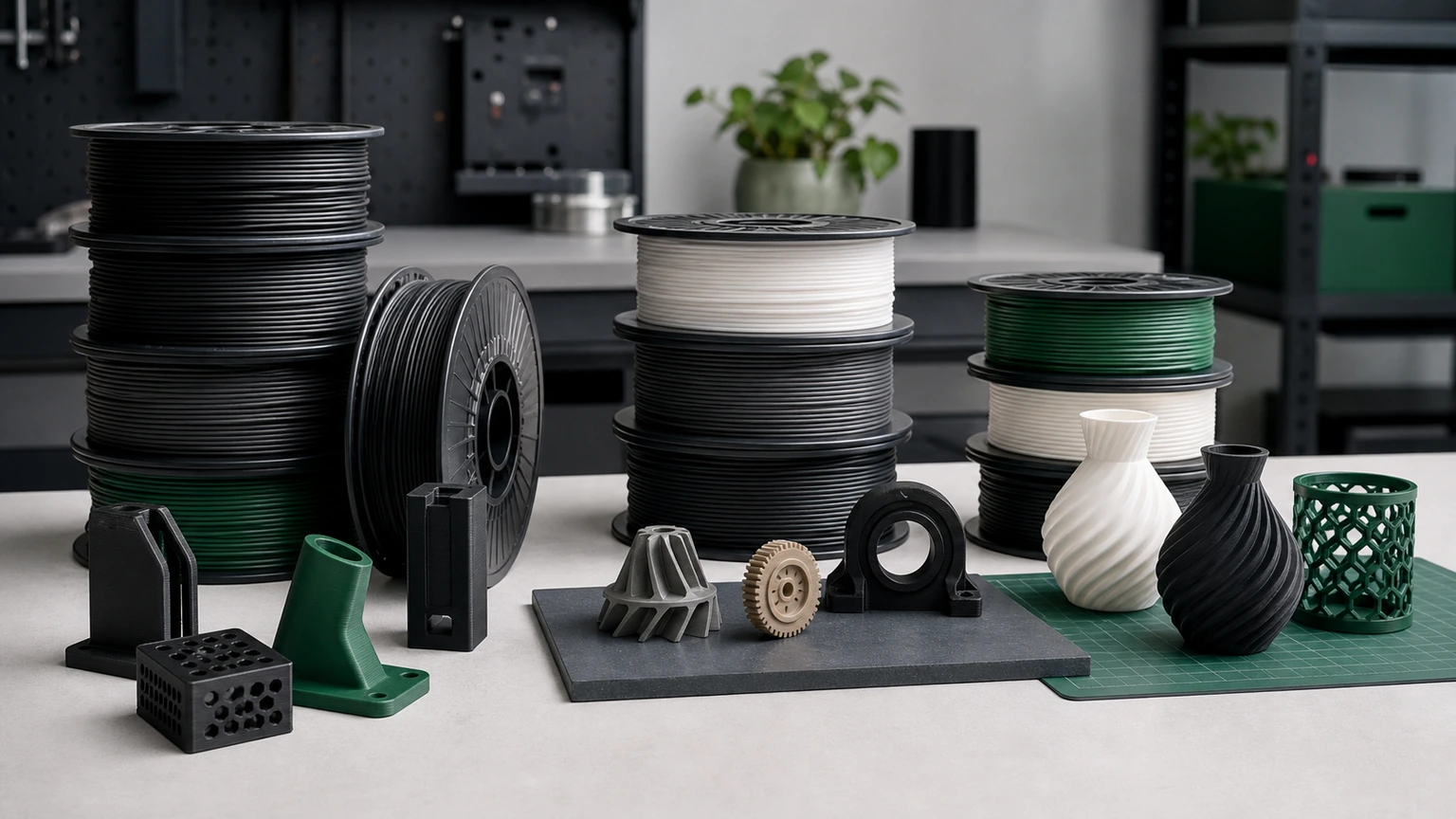 Blue, lime, and purple filament spools with decorative and functional printed program examples