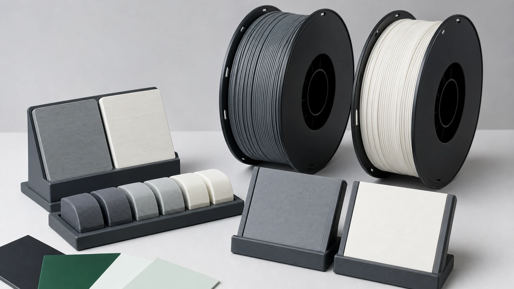 Three filament spools with blue and gray inspection parts, caliper, and inspection gloves