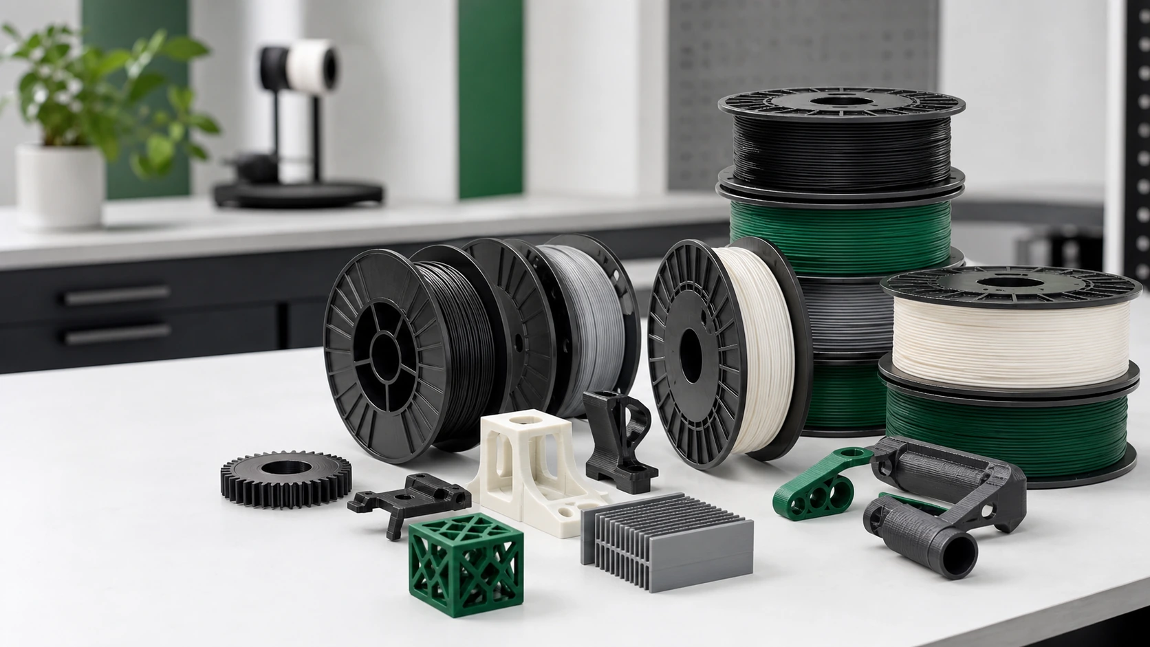 Four filament spools with decorative, detailed, workshop, and functional printed program examples
