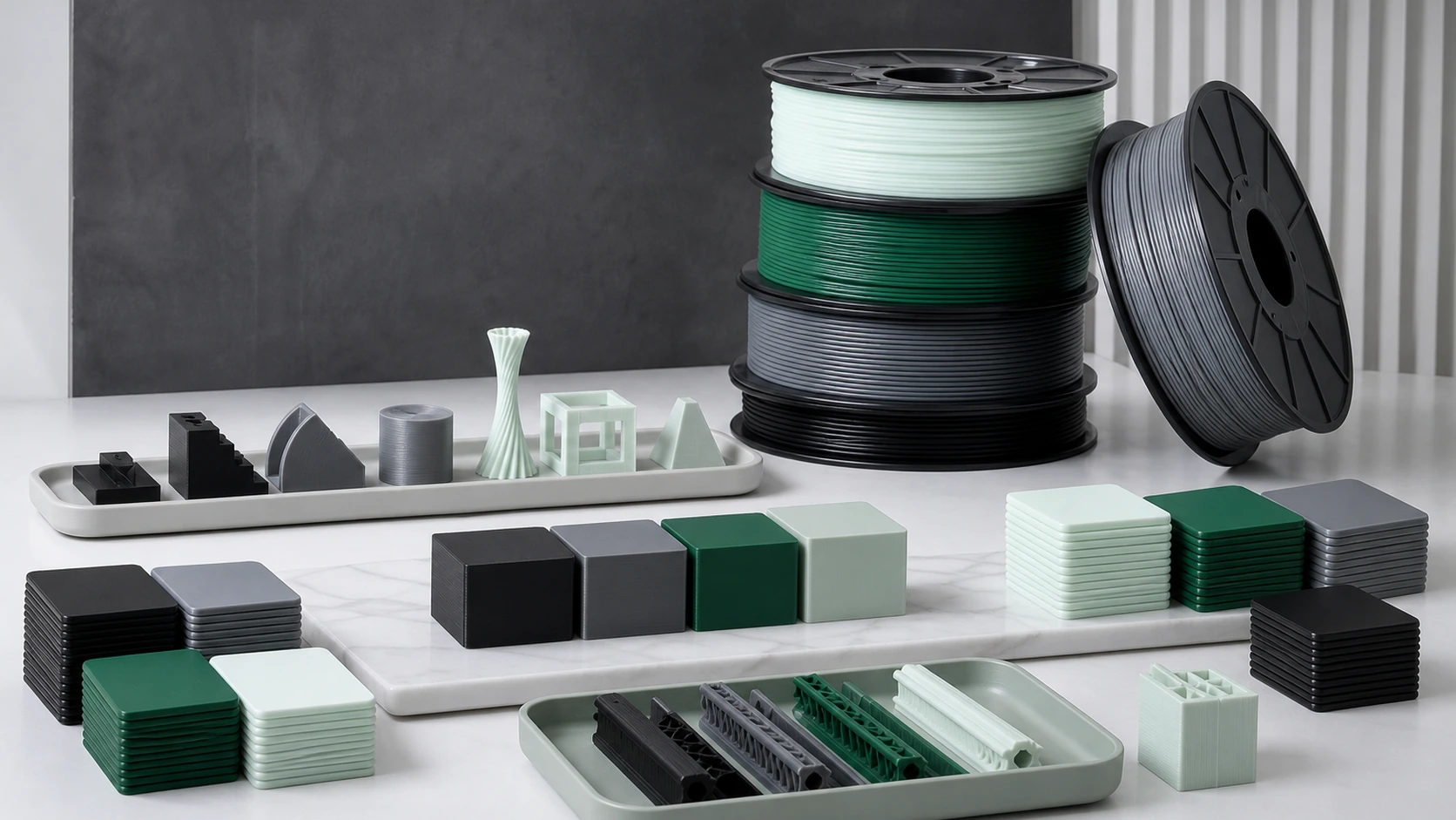 Green, orange, and white filament spools beside three differently shaped printed parts