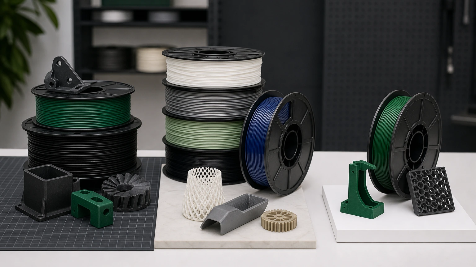 Five filament spools displayed with decorative, organizer, and functional printed program examples