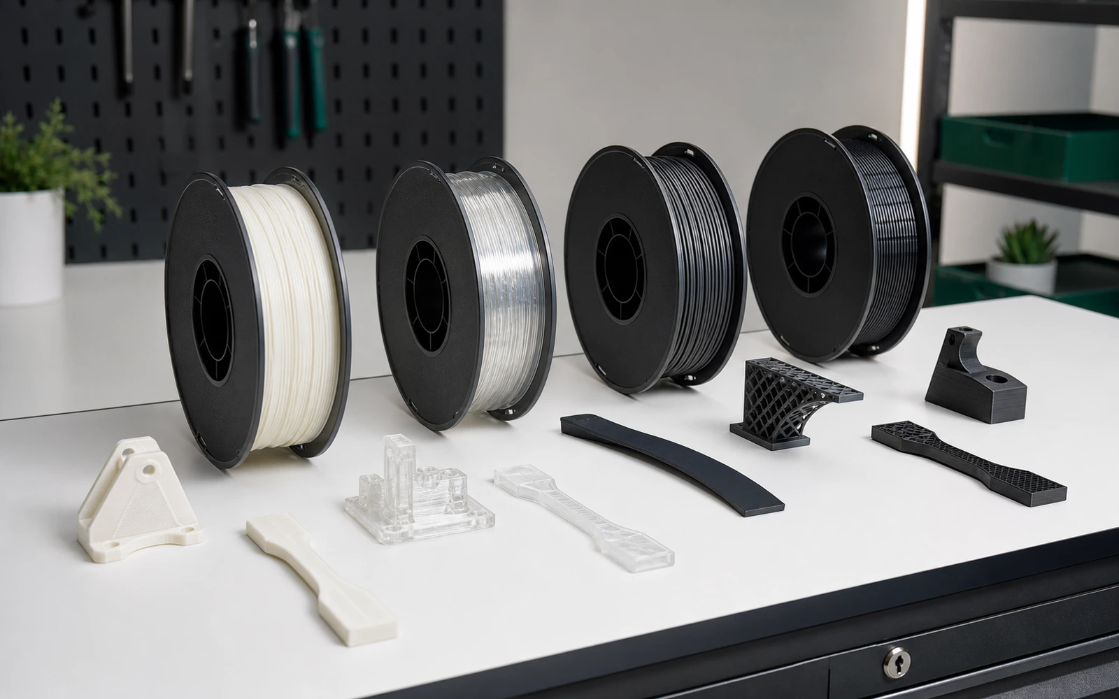 Four buyers compare filament package formats and printed test parts in a printer workspace
