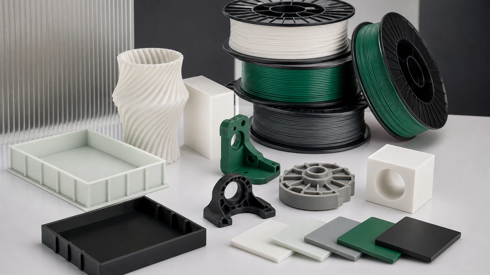 Filament spool, printed test parts, caliper, gauge, and inspection screen arranged for quality review