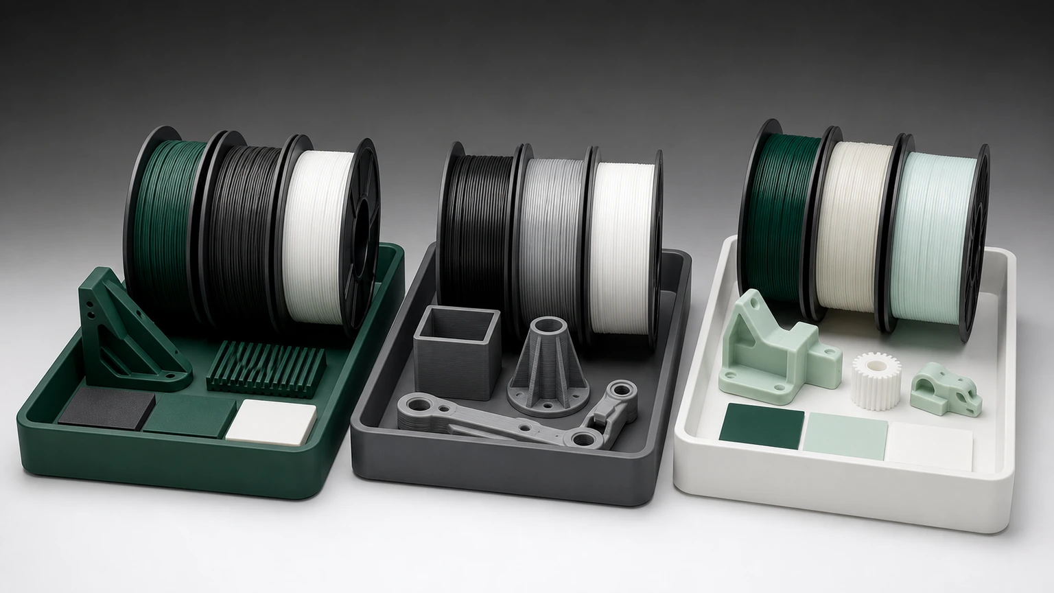 Filament spools and printed parts arranged as buyer-planning program examples