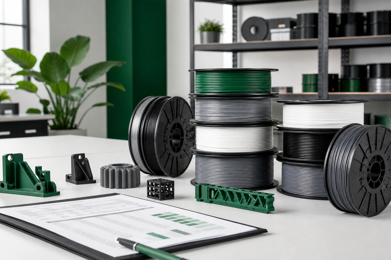 Print-farm operator works beside a row of printers and filament spools