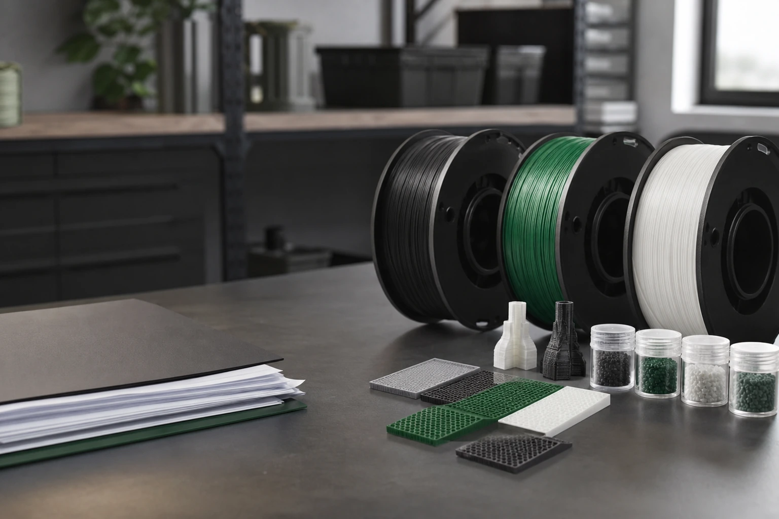 Buyer team reviewing filament spools, printed samples and evidence records