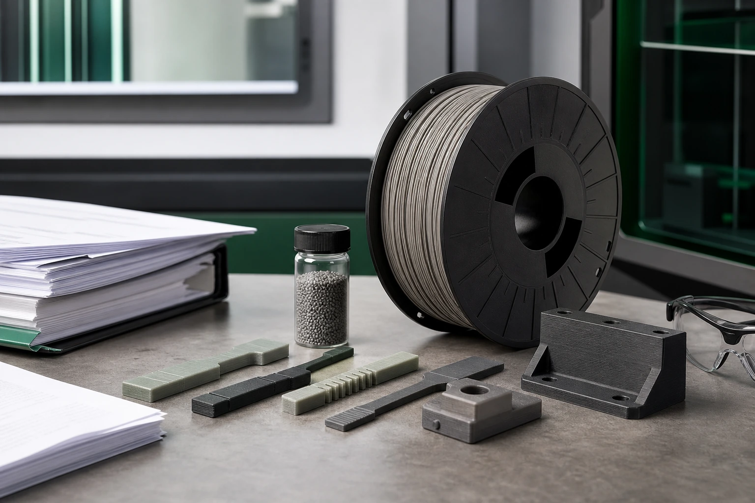 Illustrative evidence review with filament spools, printed parts, measurement tools, and blank records