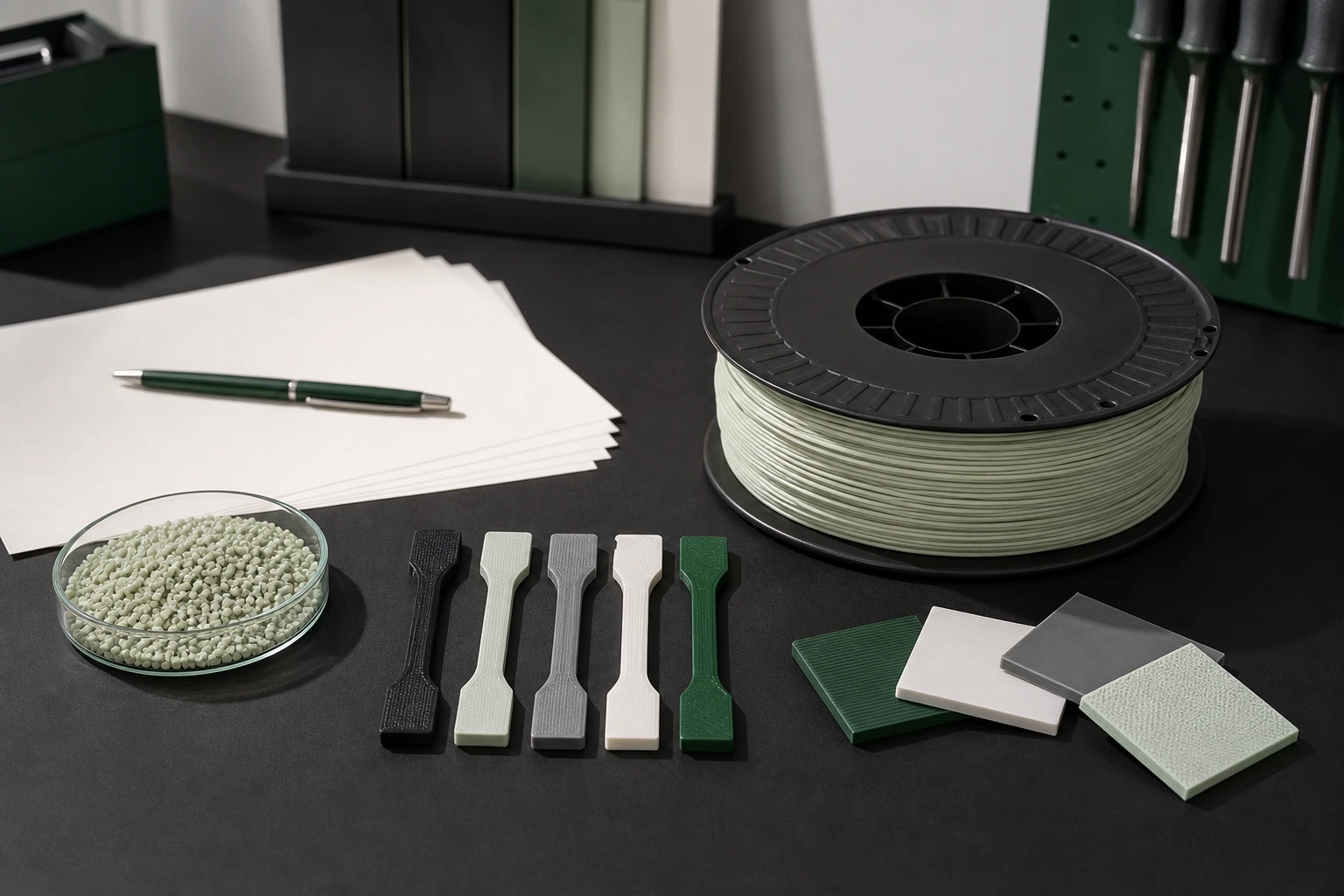 Illustrative review of filament spools, material samples, printed parts, and blank planning documents