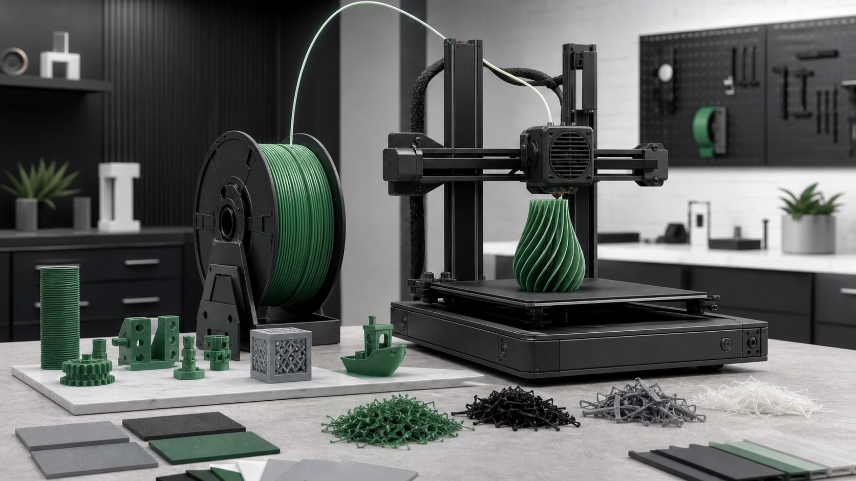 FDM printer-process review with filament and complete printed parts