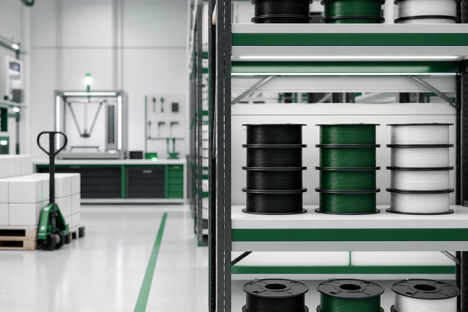 two adult warehouse staff in neutral workwear scanning plain filament spools into organized reusable picking bins on clean industrial shelving