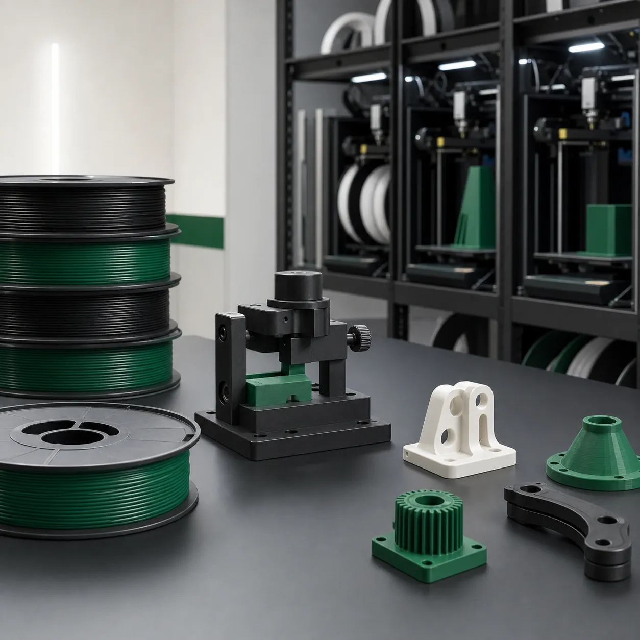 a plain cobalt PETG spool beside a complete translucent fan duct on a clean sample table