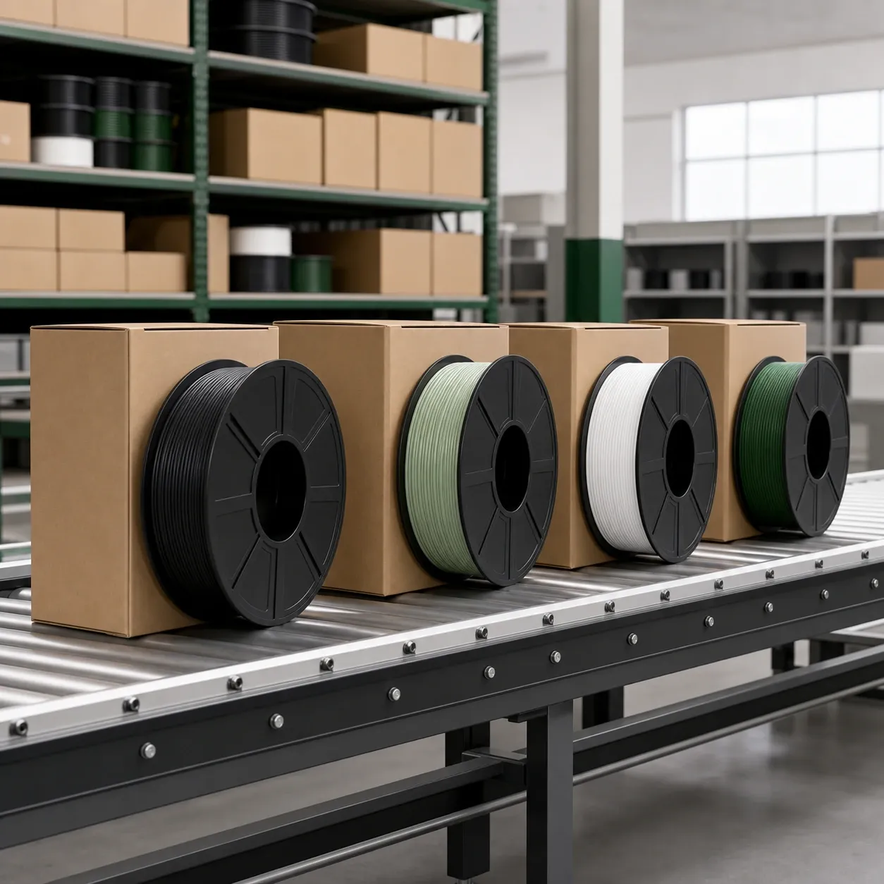 a reusable warehouse tote holding six upright plain filament spools separated by neutral dividers