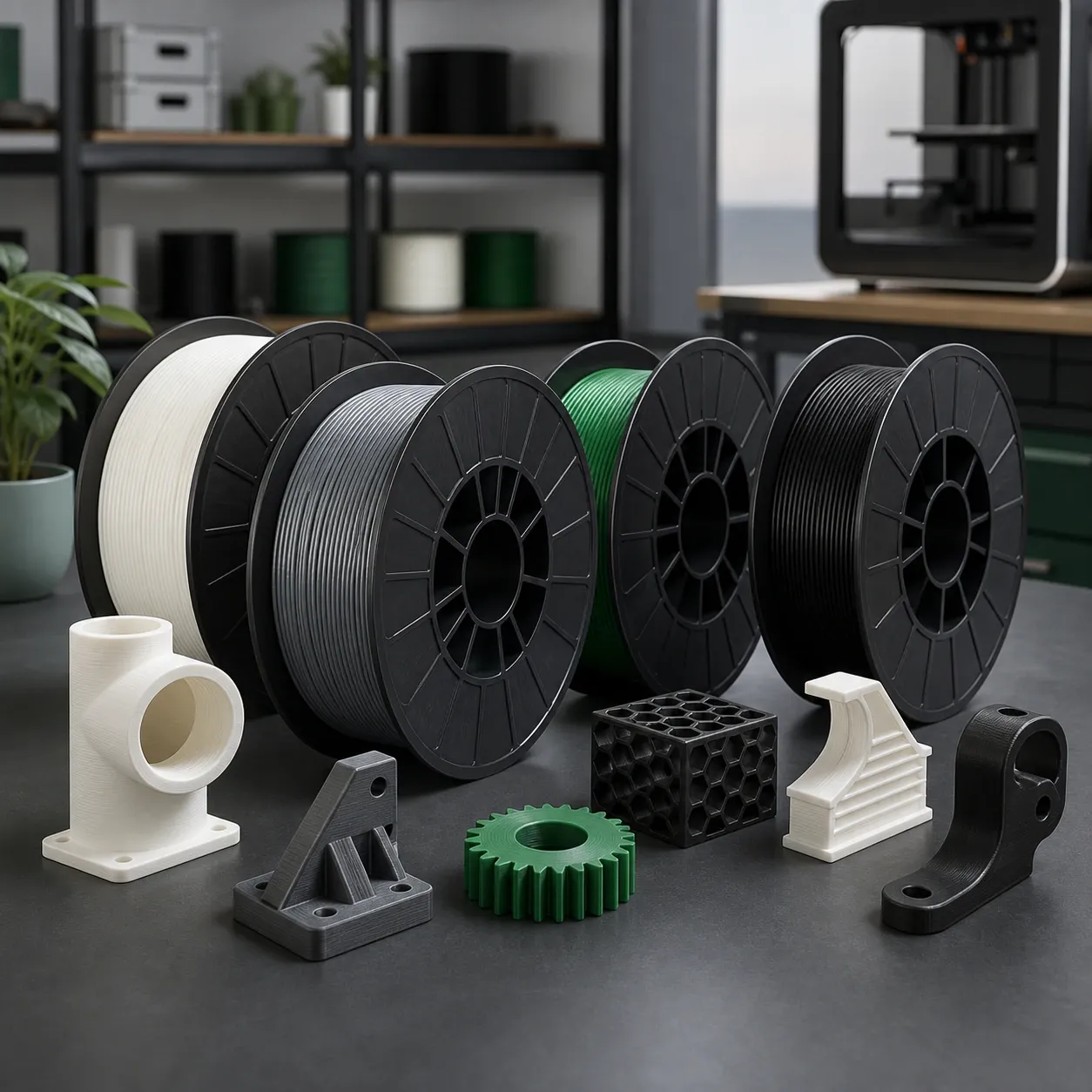 a clean metal shelf bay with twelve plain filament spools arranged by visible color family