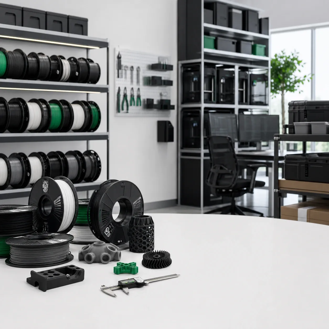 Neutral education 3D-printing program scene: robotics workbench