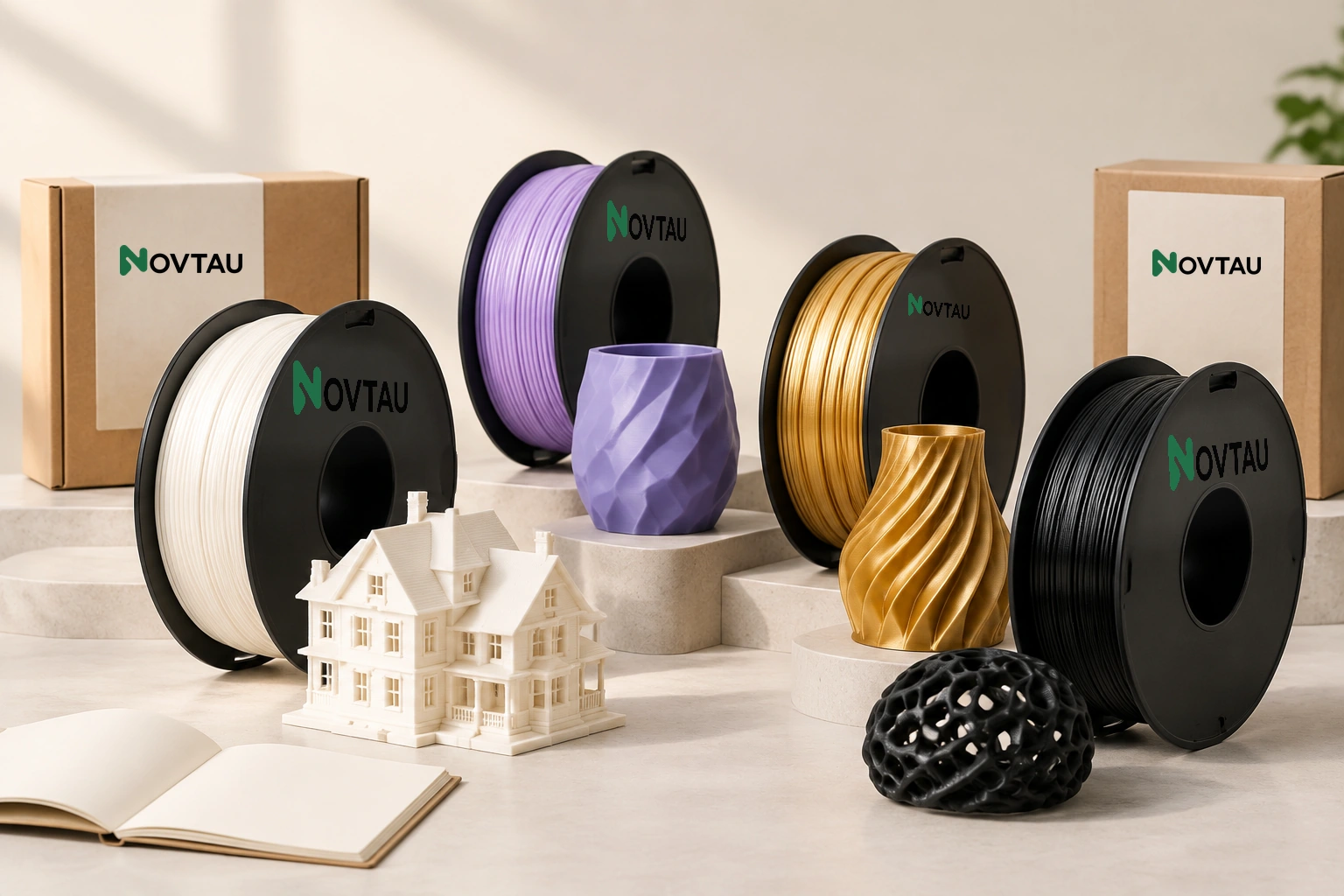 NOVTAU material assortment with product boxes and printed samples
