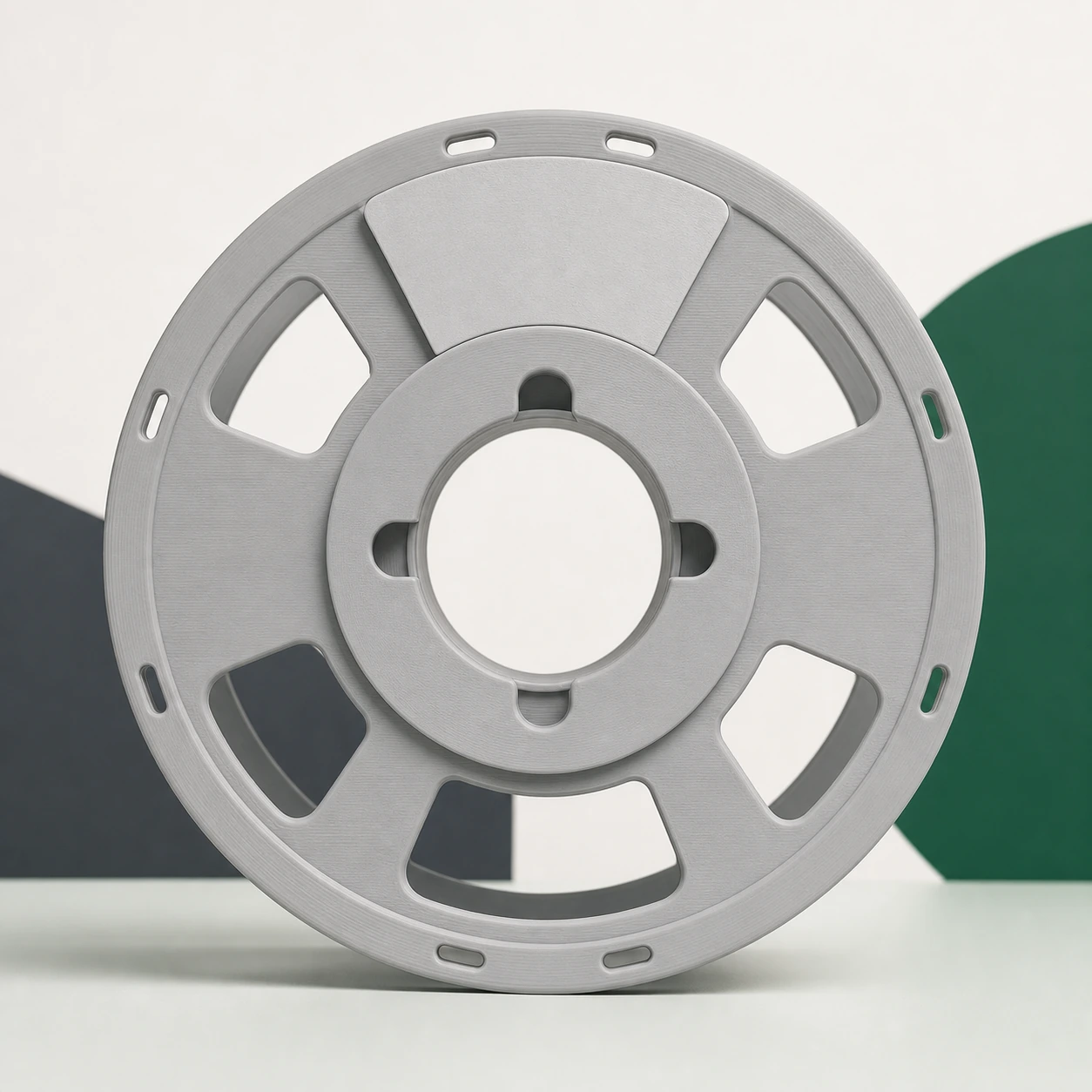 Ash Gray PLA Matte unmarked removable label ring fitted around a neutral reusable filament spool rim