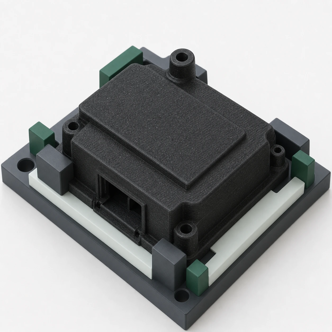 Black / graphite-charcoal carbon-fiber appearance PA6-CF: black PA6-CF enclosure seated in a simple dimensional qualification jig