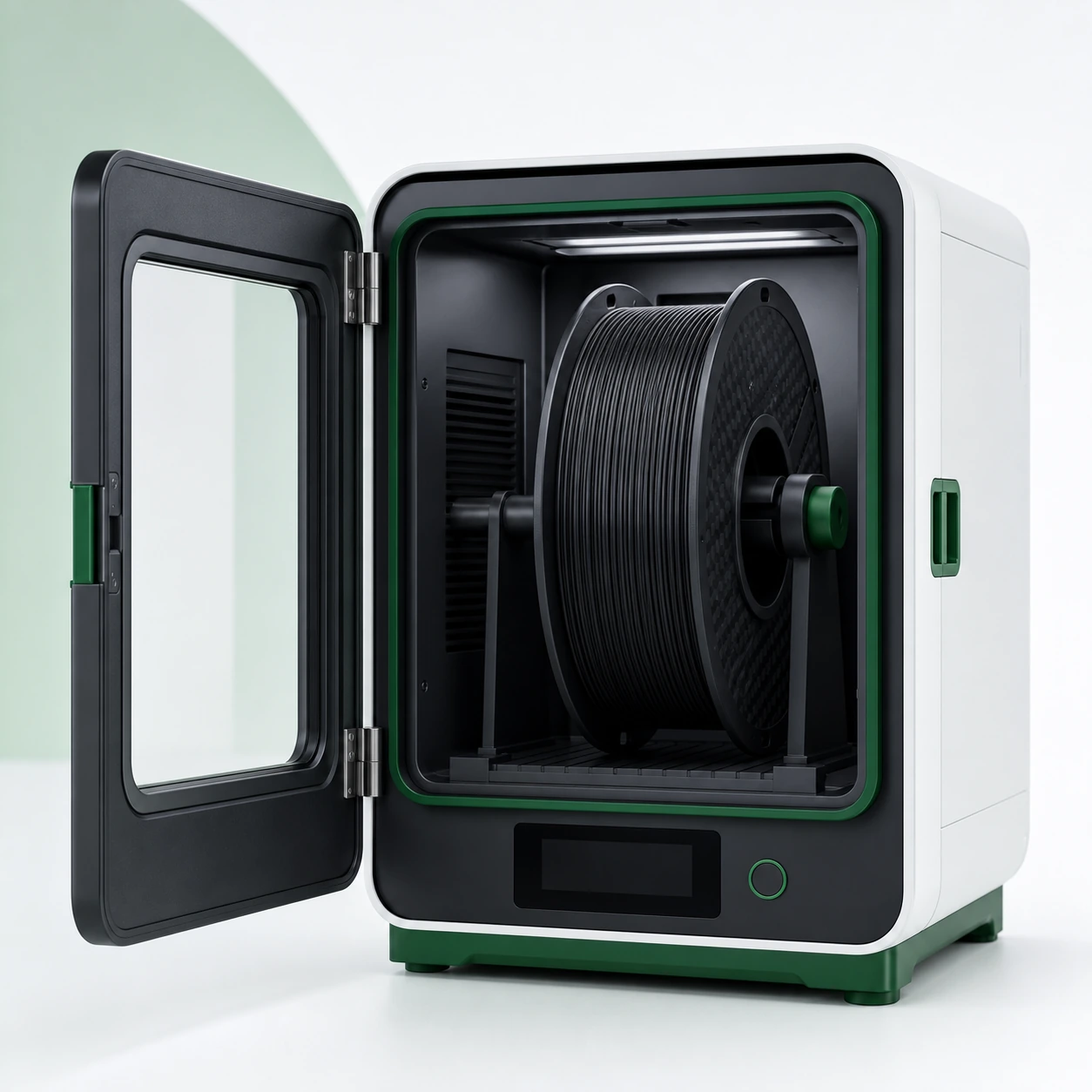Black PAHT-CF: unbranded black PAHT-CF filament spool inside an open laboratory filament dryer, its display dark and the entire appliance fully visible