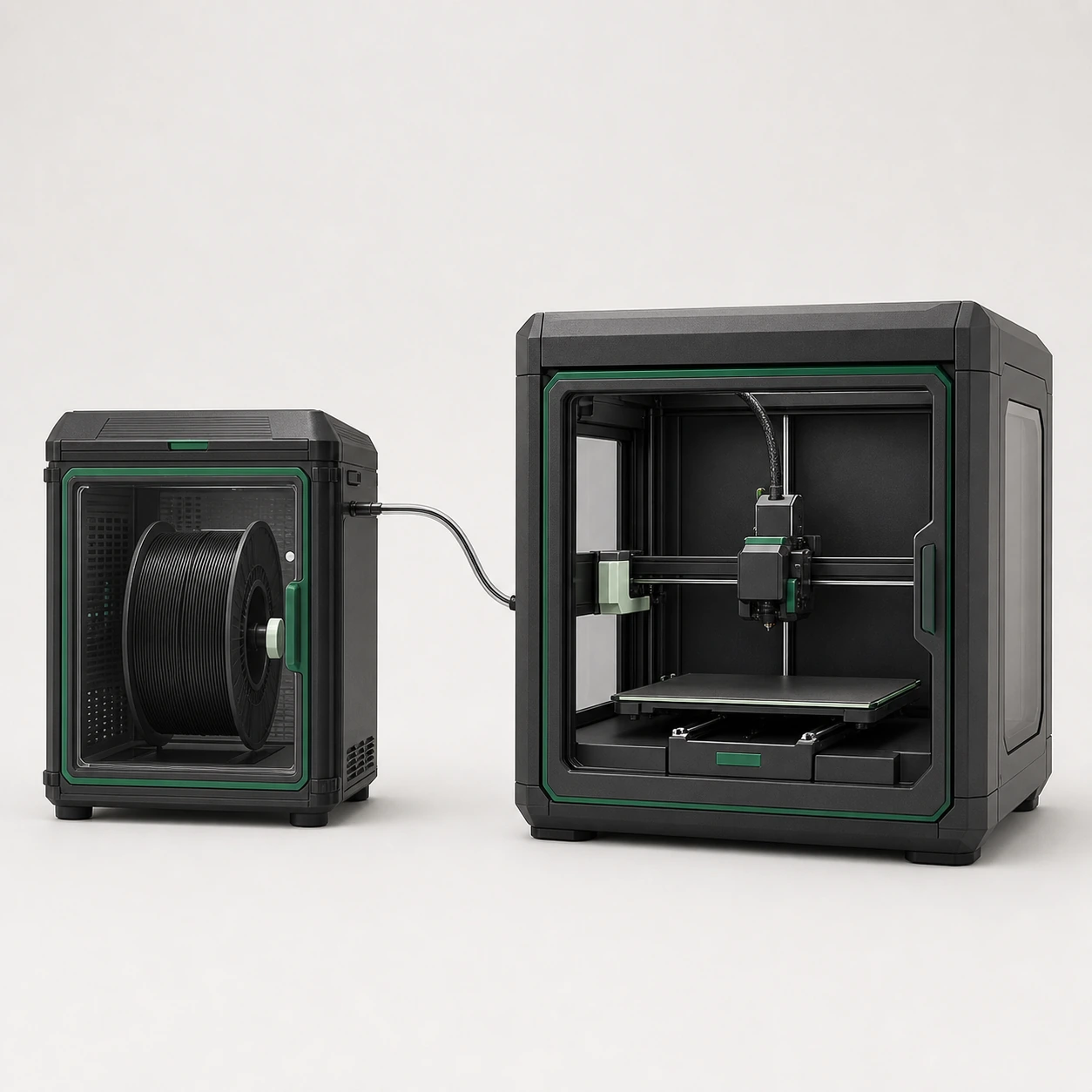 Black PAHT-CF: sealed dry-box feeding black filament through a short clear tube toward the edge of enclosed FDM printer, both units fully inside frame and unbranded