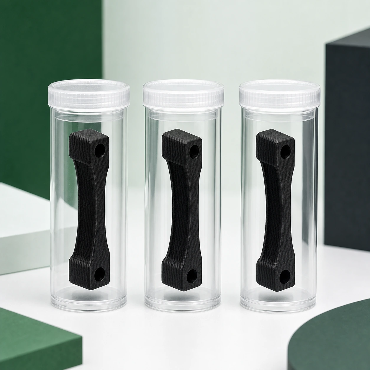 Black PAHT-CF: three complete black PAHT-CF retained coupons inside separate clear sealed sample containers, all labels absent