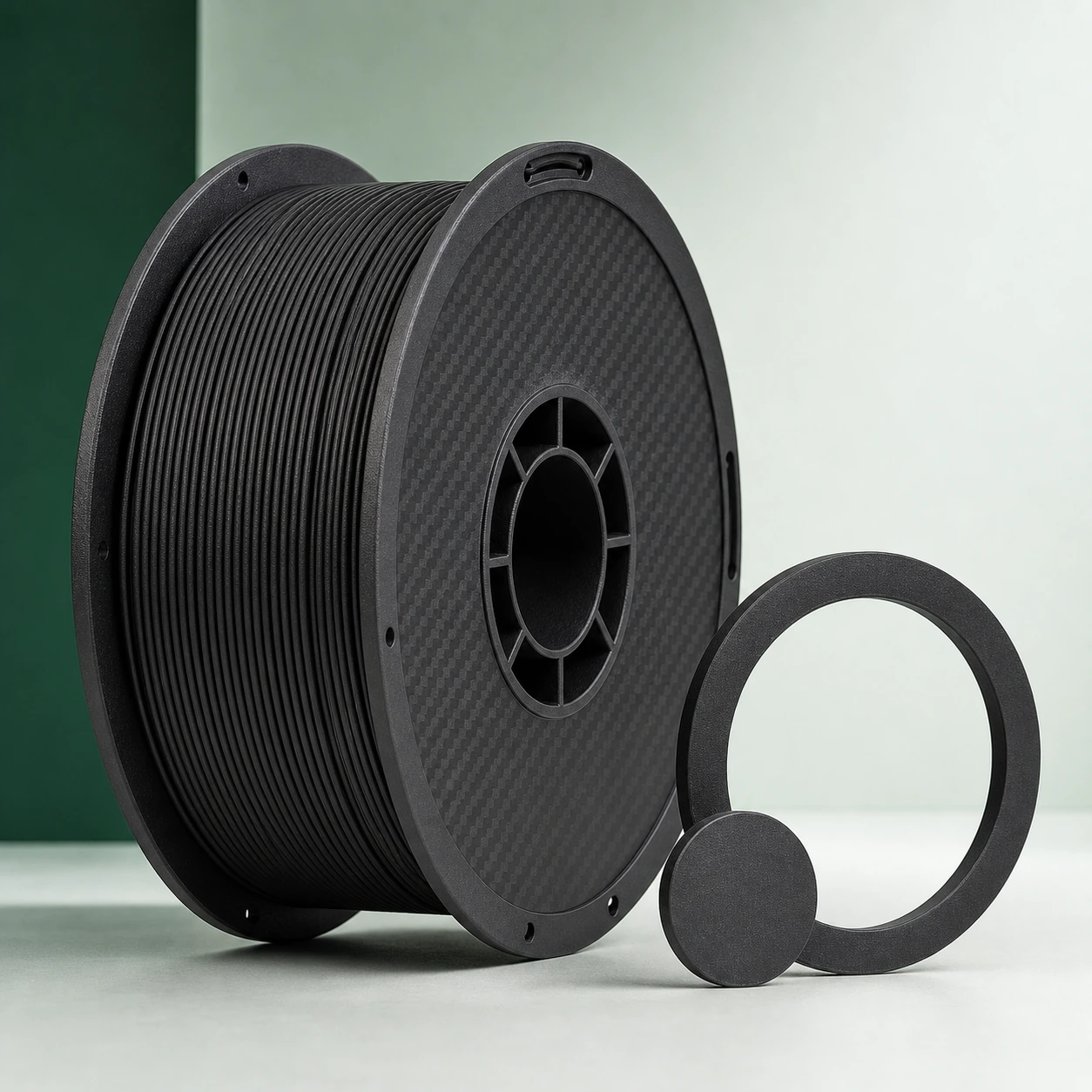 Black PAHT-CF: unbranded black PAHT-CF spool beside a completely blank removable spool-tag ring and matching sample token