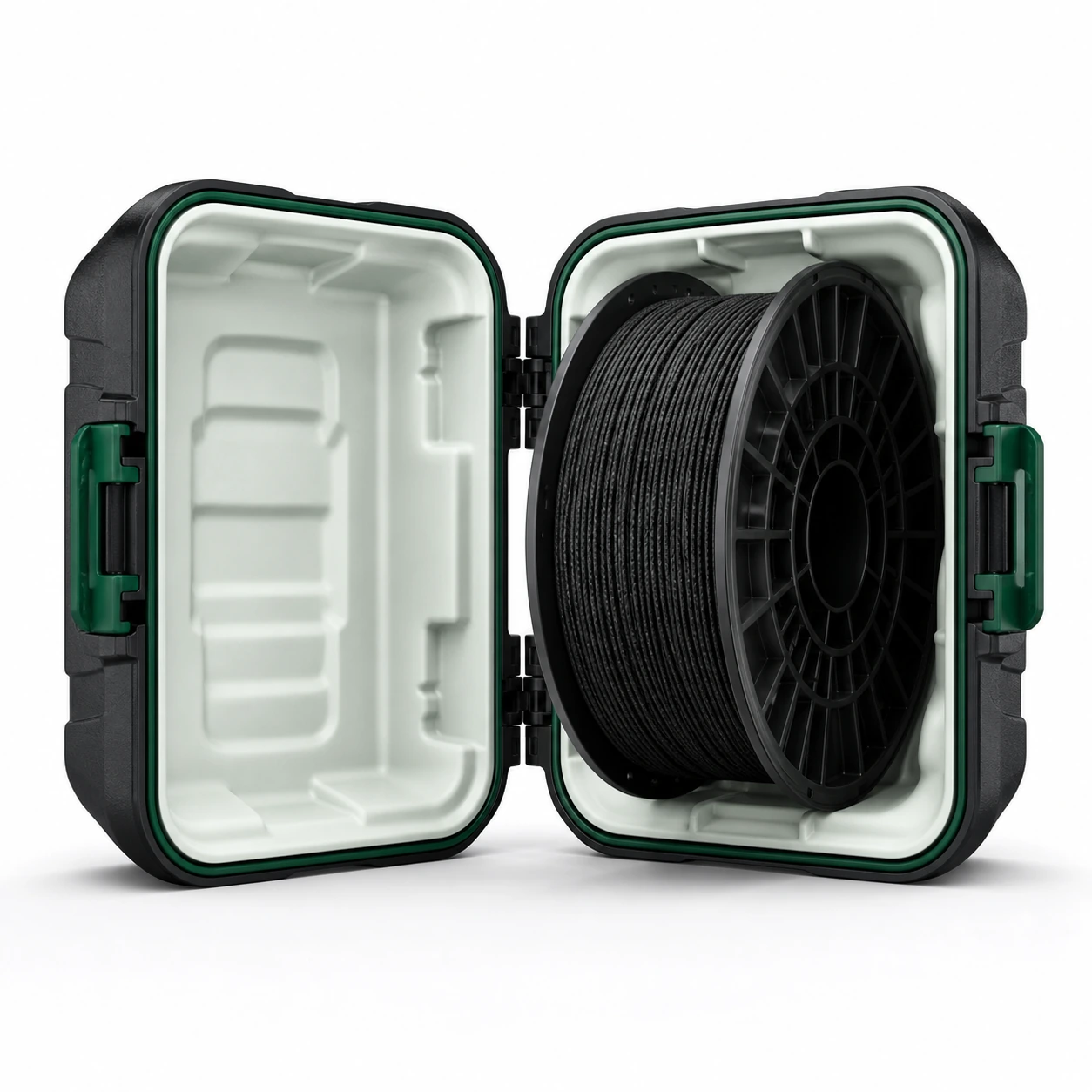 Black PAHT-CF: unbranded black PAHT-CF spool protected by two plain reusable molded transit shells shown open, with the spool fully visible