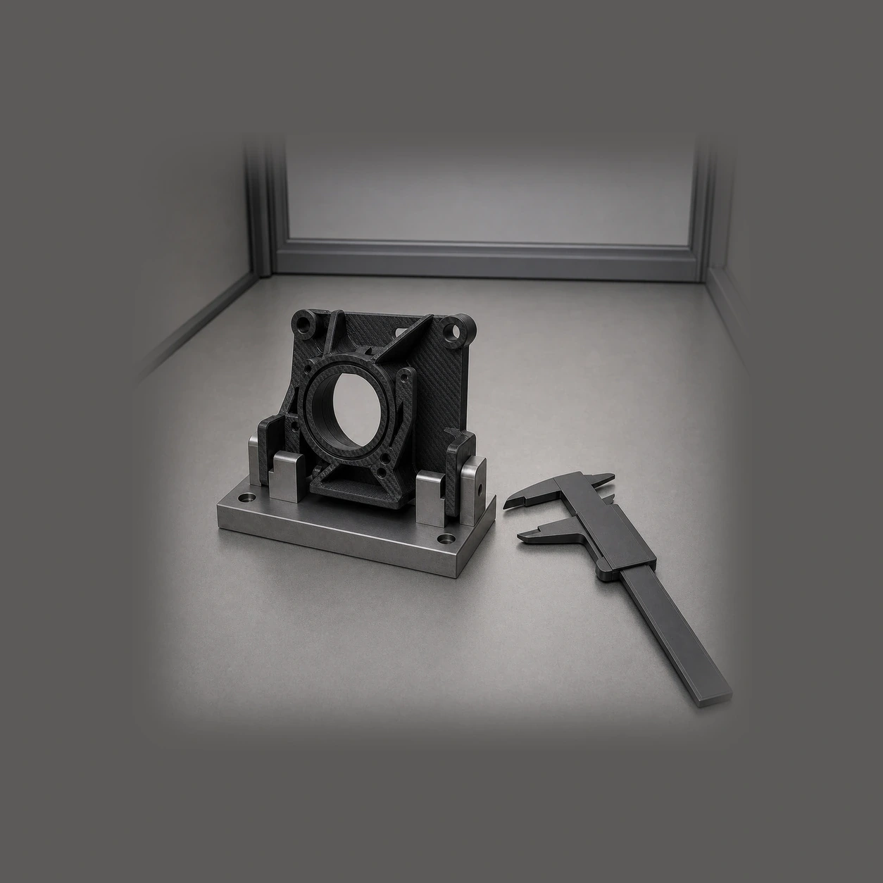 Black PAHT-CF: black PAHT-CF motor bracket held in a precision fit-check fixture beside an unbranded caliper with