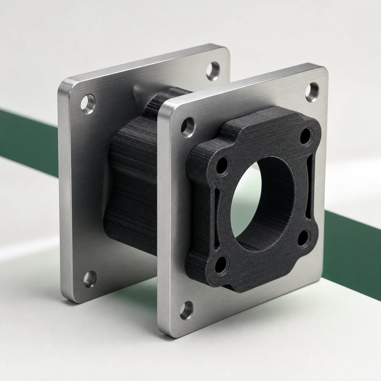 Black PAHT-CF: black PAHT-CF flange installed between two plain metal alignment plates in a compact assembly-check jig