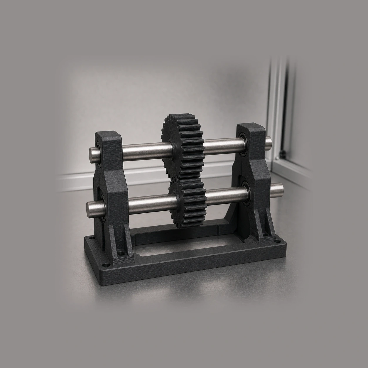 Black PAHT-CF: black PAHT-CF gear pair mounted on two plain steel shafts in an open backlash-review fixture with