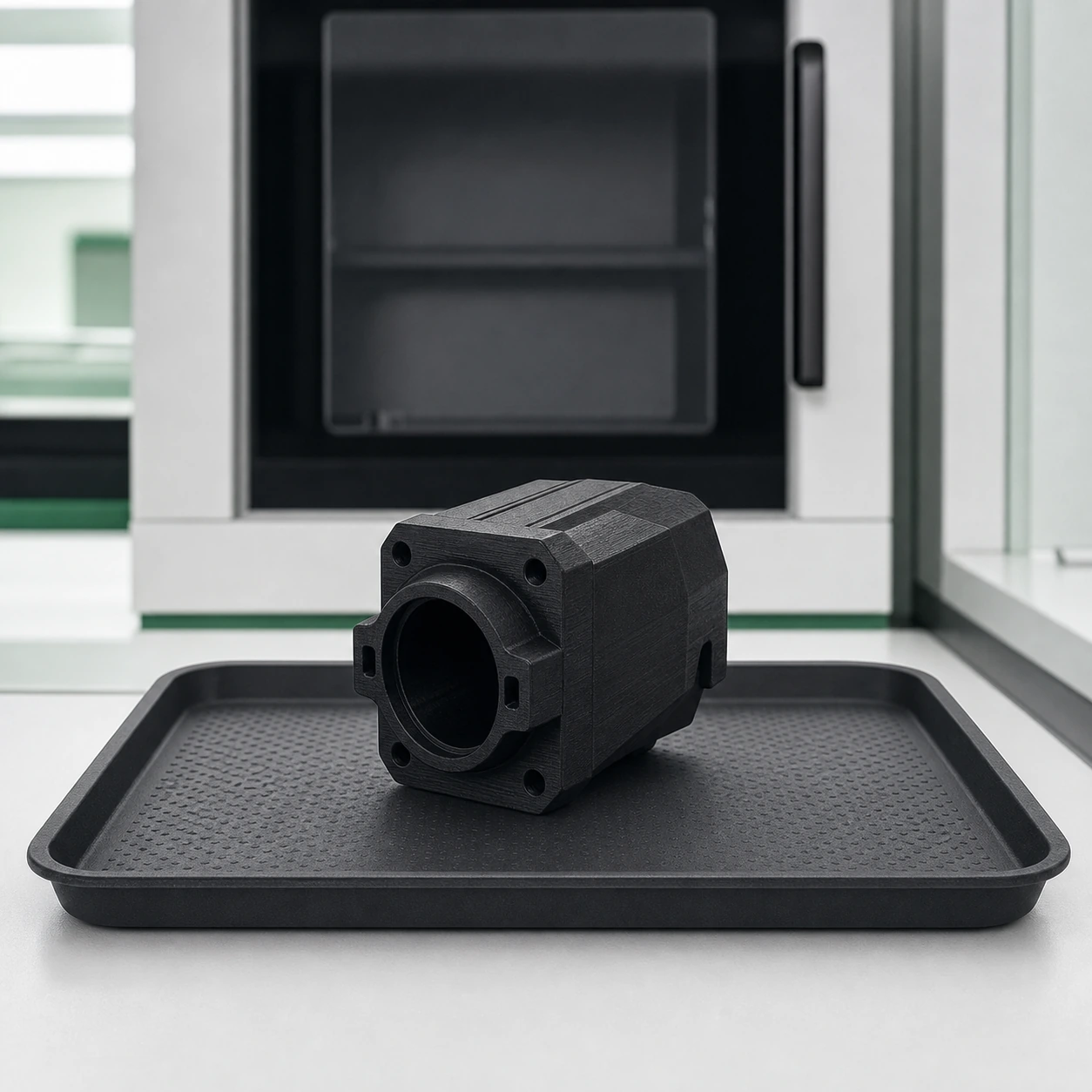 Black PAHT-CF: black PAHT-CF connector housing resting on a heat-resistant tray just outside a closed laboratory conditioning chamber with a dark display