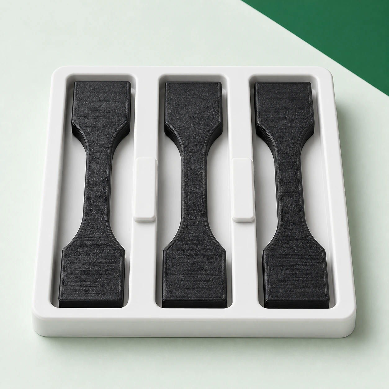 Black PAHT-CF: three complete retained black PAHT-CF coupons in separate recessed positions of a rigid laboratory tray with blank divider tabs